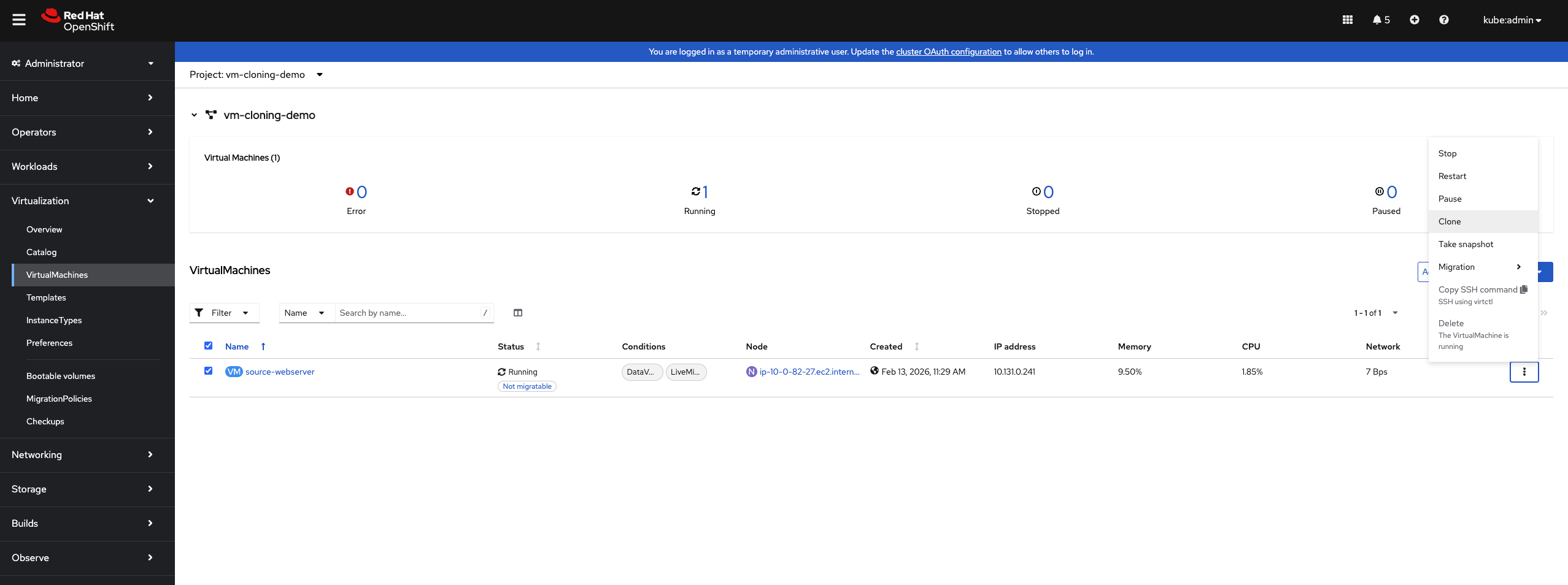 Actions menu with Clone option highlighted