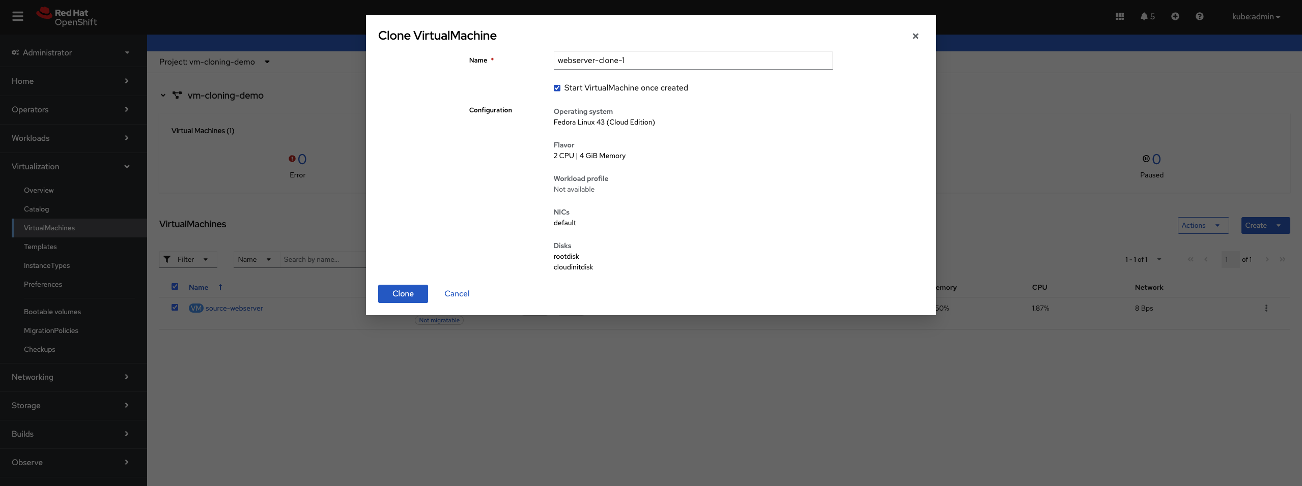 Clone VirtualMachine dialog showing request progress