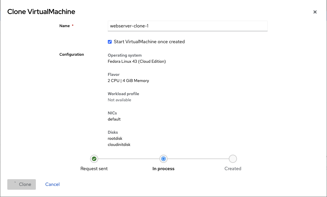 Clone VirtualMachine dialog with name and configuration