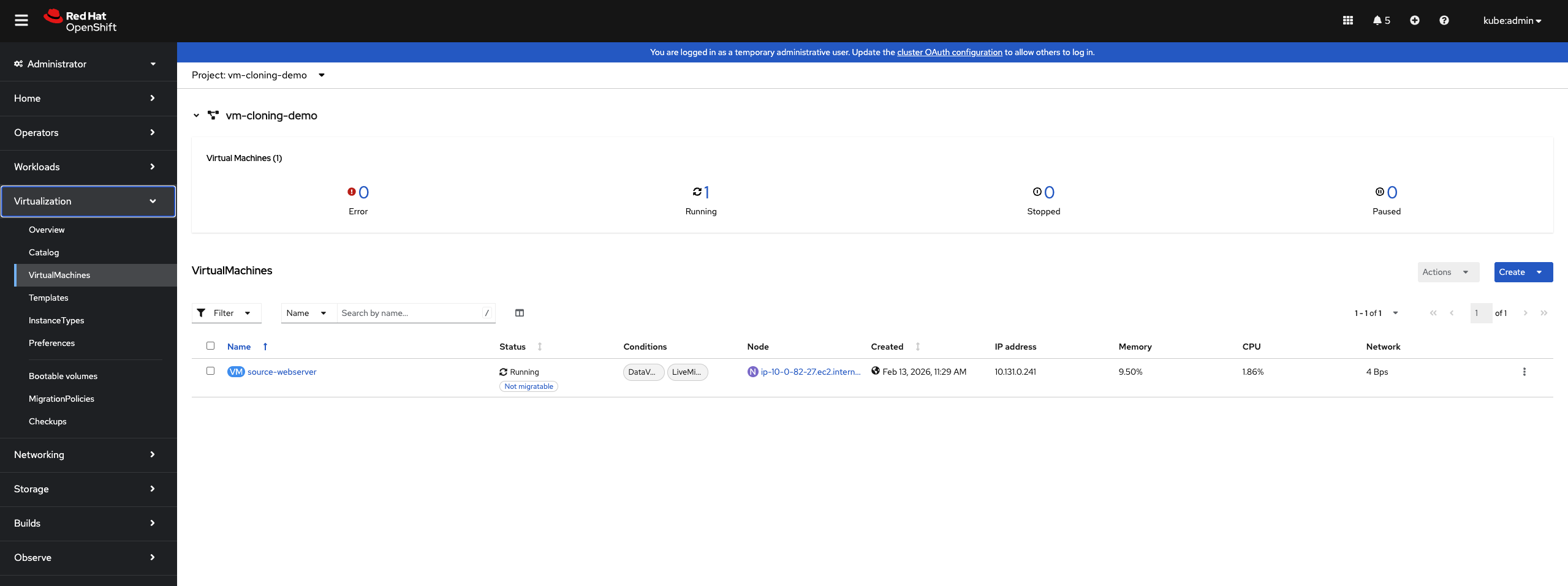 VirtualMachines list showing source-webserver VM