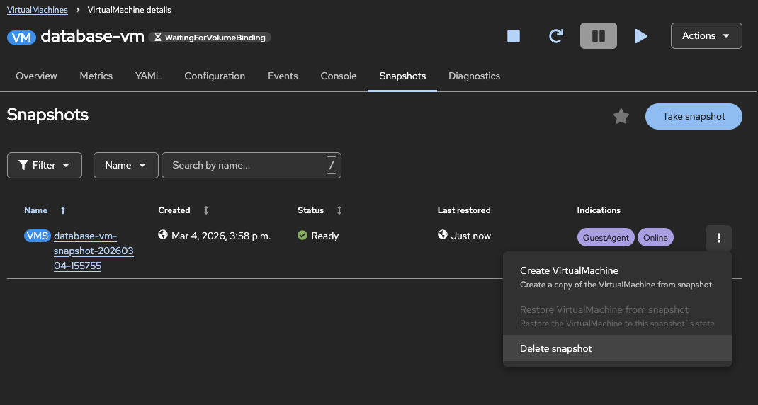 Creating and Managing VM Snapshots :: OpenShift Virtualization cookbook