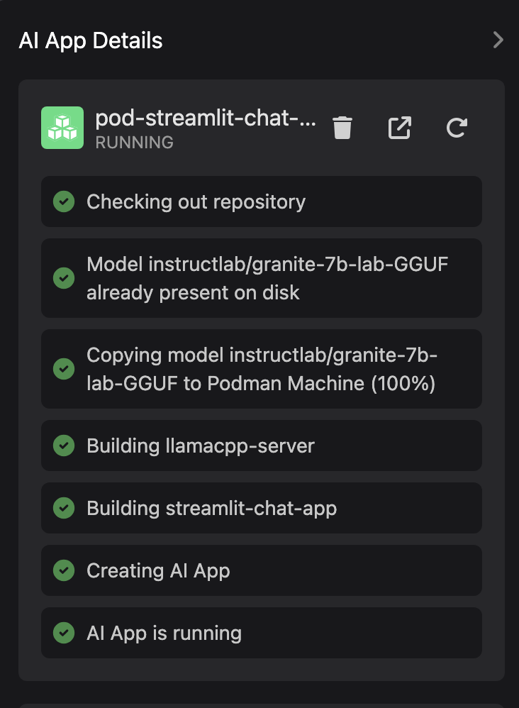running ai app details menu